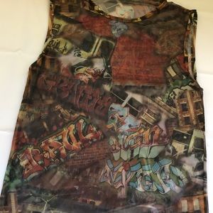 SOLD Graffiti Print Mesh Sleeveless in earth tones